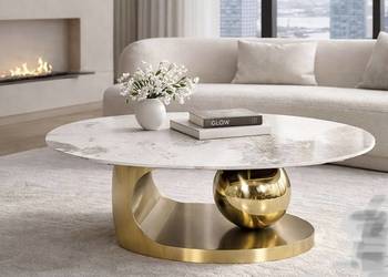 Złoty stolik kawowy Premium Milenio z kamiennym blatem marmurkowym