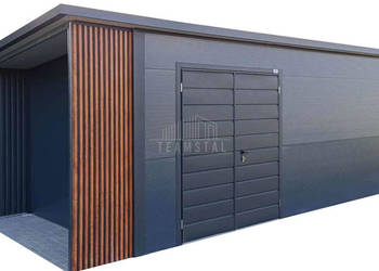 Garaż ocieplany z płyty warstwowej 5,5x3m wiata 1m + dekor z lameli TS1240