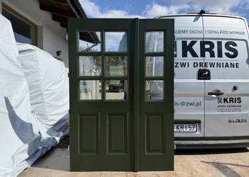 Drzwi zewnętrzne drewniane wejściowe dwuskrzydłowe zielone CAŁA POLSKA