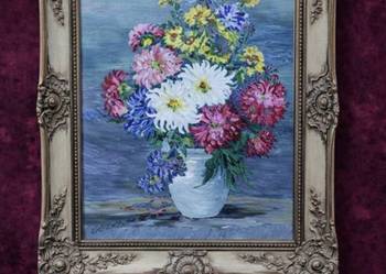 Obraz olejny" kwiaty w wazonie*żywe kolory* drewniana rama ze sztukaterią