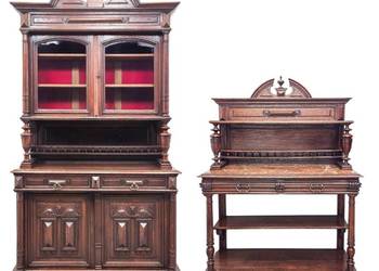 Antyk KOMPLET zdobiony KREDENS ORZECHOWY eklektyczny + POMOCNIK do salonu