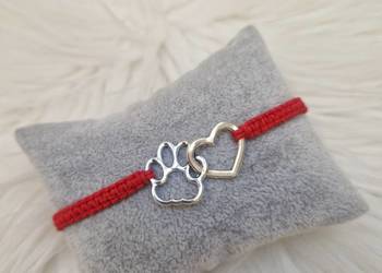 Bransoletka czerwona sznurkowa pleciona łącznik serce i łapka