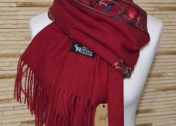 Piękny szal boho haft 50%kaszmir 50% wełna duży rozmiar 200x70 cm burgund