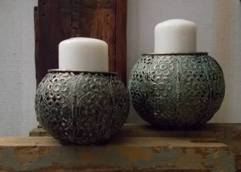 Ażurowe Osłonki na Świece-Zestaw z Duszą-Metal Mosiądzowany-Patyna