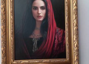 Mario Silano (1973) "Donna in rosso" obraz olejny z stylową złotą ramą