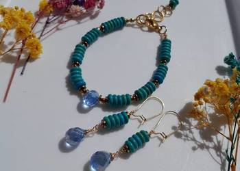 Pozłacana bransoletka i kolczyki z turkusem i austriackim kryształem.