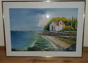 Duży obraz akwarela oryginał 50x70cm Morze kościół Cypr