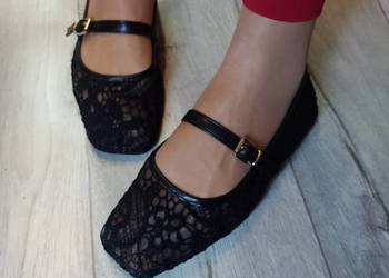 (40) Czarne, koronkowe baleriny wieczorowe z zapięciem, NOWE