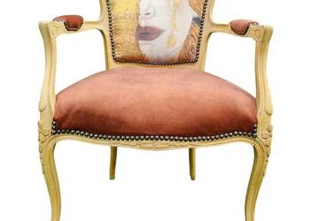 Fotel ludwikowski retro - welur koniakowy|motyw Klimta|unikat