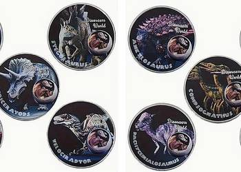 Zestaw kolekcjonerskich numizmatów+banknoty z dinozaurami w eleganckim etui