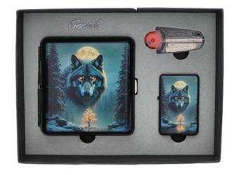Zestaw Upominkowy z Motywem Wilka – papierośnica, zapalniczka i akcesoria