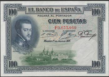 HISZPANIA 100 PESET 1925 - FILIP II - STAN BANKOWY UNC -