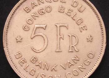 KONGO BELGIJSKIE 5 FRANKÓW 1949 - SŁOŃ