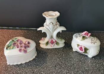 Świecznik, Puzderka, zestaw. Stara ażurowa porcelana