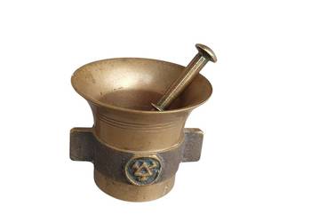 Stary mosiężny przedwojenny moździerz kuchenny / aptekarski – sygnowany