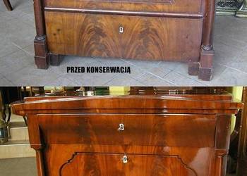 Komoda Biedermeier po konserwacji politura. Mahoń