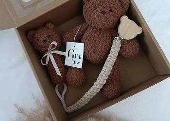 Zestaw miś grzechotka zawieszka do smoczka handmade