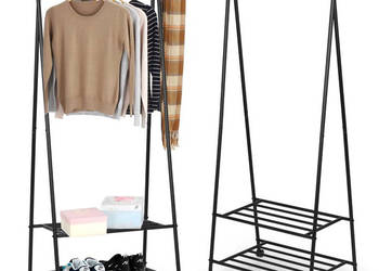 Wieszak stojący stojak na kółkach z 2 półkami na ubrania buty ModernHome
