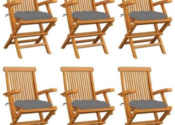 vidaXL Krzesła ogrodowe, szare poduszki, 6 szt., drewno tekowe(SKU:3062557)