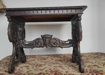 Stół antyczny NEORENESANSOWY, bogata snycerka, MASKARONY, Dąb, XIX i XX w