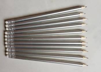 ołówki srebrne metaliczne z gumką strugane nowe