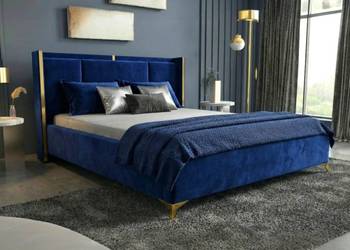 Łóżko ROKO niebieskie 140x200 złote elementy + stelaż + pojemnik na pościel