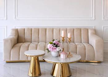 Ekskluzywna Sofa LONDON Beżowa Glamour 3 os. Złote Nogi -Welur Plamoodporny