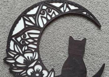 Drewniana Ażurowa Ozdoba na Ścianę – Kot i Księżyc Mandala - Dekoracja 3D