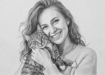 Portret z kotem – rysunek ołówkiem i grafitem, A4, kot pręgowany