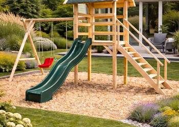 plac zabaw zjeżdżalnia huśtawka meble ogrodowe