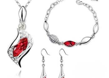 Komplet biżuterii naszyjnik bransoletka kolczyki czerwone oczka srebrny