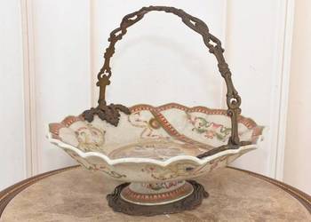 Antyczna Patera Owocnik - Porcelana + Brąz - Kwiaty