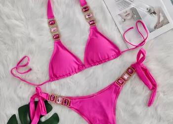Bikini strój kąpielowy neon róż cyrkonie kamienie kryształki