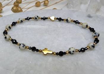 Bransoletka różaniec kamienie czarny turmalin jaspis krzyżyk serduszko