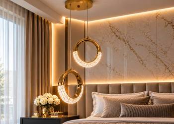 Żyrandol ROUND DOUBLE Kryształowy Złoty Podwójny Ring LED Glamour Lampa