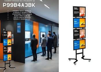 Czarny stojak na plakaty A3 x 4 - wersja mobilna na kółkach