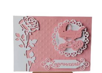 Zaproszenia Chrzest Święty  Wózek W Serwetce  C6  Róż - Biel