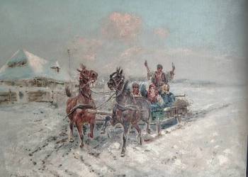 Stary obraz olejny Zimowa sanna