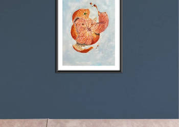 Pomarańcza w ruchu.Nowoczesny obraz olejny z pomarańczą, 30x40 cm, z ramą