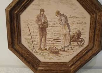 Obrazek w dębowej ramie , z wiejskim motywem