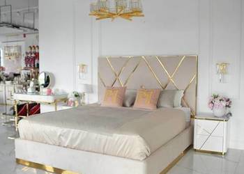 ŁÓŻKO IMPERIAL Glamour 180x200 Beż Welwet Złota Listwa + Pojemnik