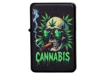 Zapalniczka Benzynowa Czaszka w okularach z liśćmi – napis CANNABIS