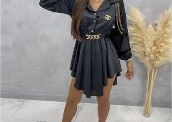 Elegancka czarna sukienka satynowa z paskiem — jak nowa, rozmiar uni (XS–M)