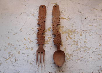 stare dekoracyjne ręcznie robione drewniane sztućce Łyżka Widelec