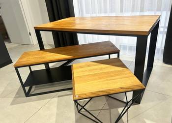 Stół drewniany INDUSTRIALNY ORLANDO DĄB, stolik kawowy i polka RTV