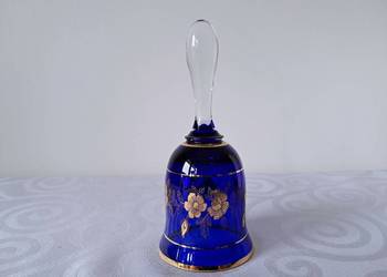 DZWONEK SZKLANY KOBALTOWY BOHEMIA CZECHOSŁOWACJA ZŁOCENIA 17 CM