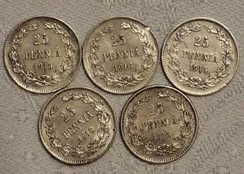 Zestaw srebrnych monet 25pennia 1915/1916