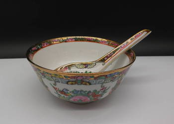 Chińska Miseczka z Łyżeczką Porcelana Famille Rose Vintage lata 70/80