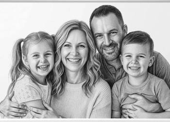 Portret rodzinny ołówkiem — rysunek grafitowy, rodzice z dziećmi, papier A4