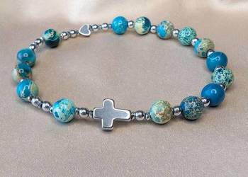 Bransoletka różaniec kamienie jaspis cesarski krzyżyk serduszko prezent pam